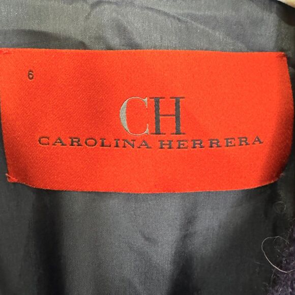 Carolina Herrera Jacket Womens Size 6 Navy Blue Boucle Tweed Hook Eye Bow Trim - Picture 3 of 10